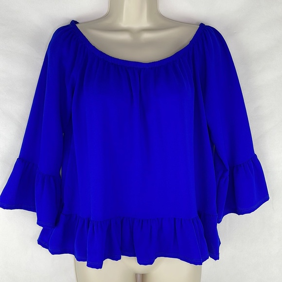 Royal Blue Off the Shoulder Top Flounce Cuff & Hem - Picture 6 of 6